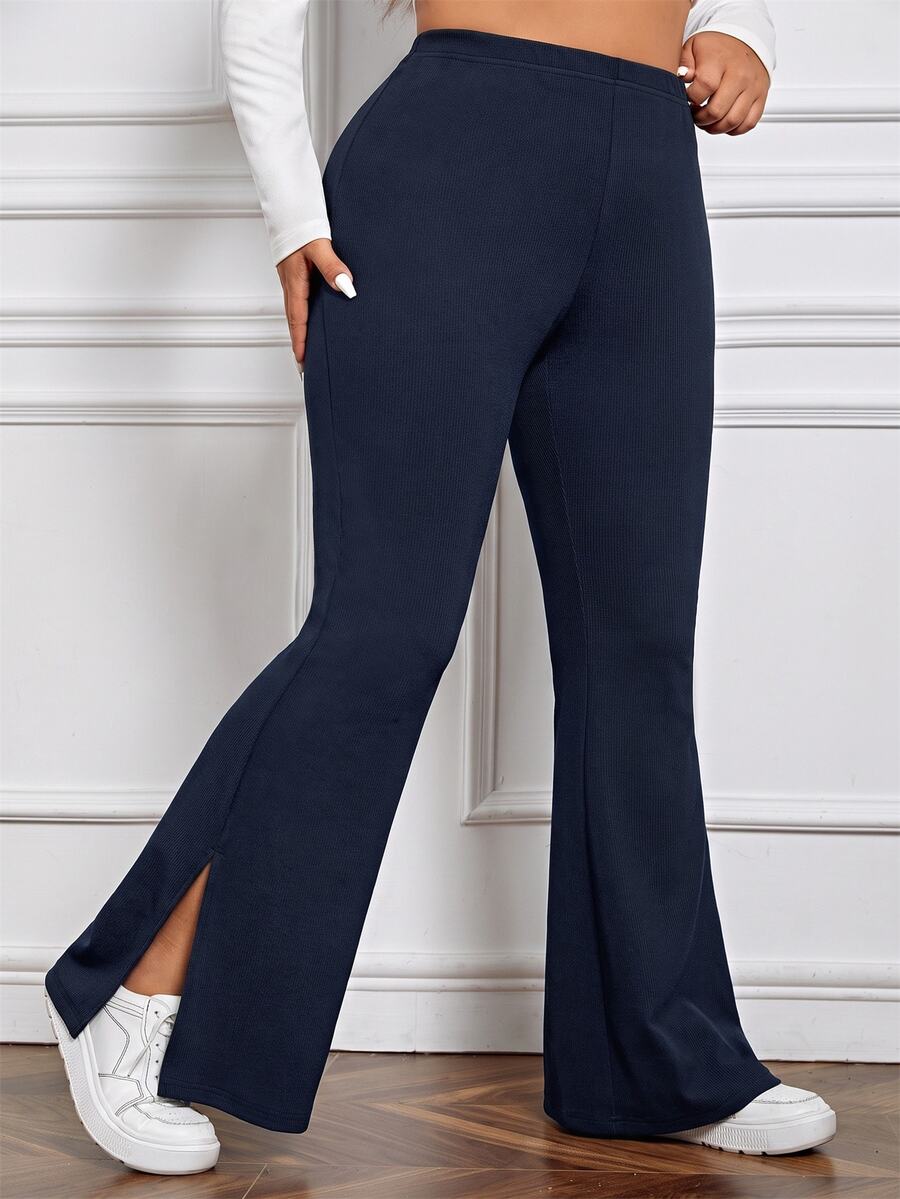 SHEIN EZwear 女款大尺碼海軍藍休閒側開衩喇叭褲,秋冬款 - 藏蓝色 - 查看 1