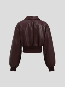 Sweetra Women's PU Leather Short Waist Long Sleeve Jacket - Burgundy - View 2