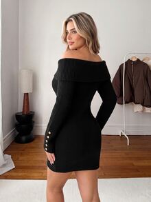 Vionelle Autumn/Winter Plus Size Off-Shoulder Ribbed Knit Short Dress Long Sleeve Button Decor Fitted Knit Dress - Black - View 2