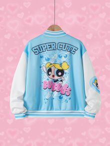THE POWERPUFF GIRLS X SHEIN Tween Girl Letter Cartoon Print Baseball Collar Jacket - Multicolor - View 1