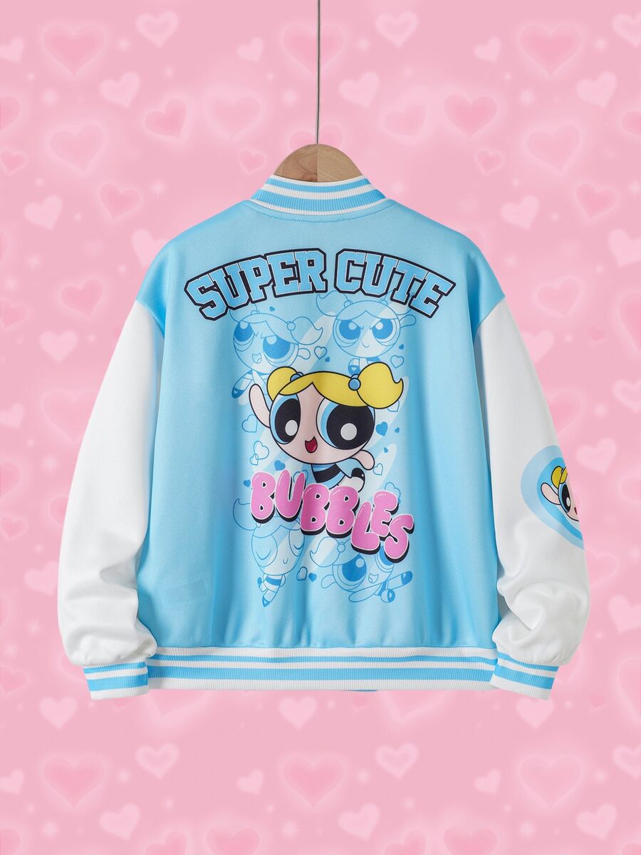 THE POWERPUFF GIRLS X SHEIN Tween Girl Letter Cartoon Print Baseball Collar Jacket - Multicolor - View 1