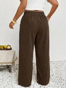 SHEIN Frenchy Plus Size Women's Drawstring Waist Casual Everyday Long Pants - Brown - View 2