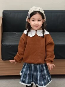 Dazy Kids Spädbarn (flicka) färgblockig långärmad sweatshirt i koreansk stil för vår/höst och vinter - Kaffebrun - Visa 4