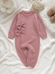 SHEIN 女嬰純色圓領長袖蝴蝶結裝飾針織連身衣 秋季 - 西瓜粉 - 查看 4
