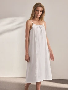 Ocili Women's Solid Color Pure Cotton Tie Strap Nightgown Loungewear Dress - White - View 7