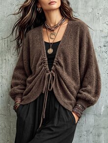 Breezaya Women's Solid Color Deep V-Neck Front Tie Long Sleeve Loose Casual Sweater - Brown - View 7