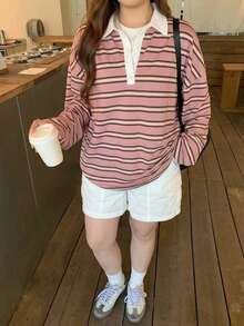 Dazy Plus Korean Style Loose Cute Striped T-Shirt - Pink - View 3