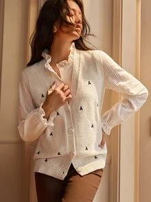 SHEIN Women's Elegant French Embroidered Button Knit Vest Cardigan Everyday Day Time Off White Autumn - Apricot - View 1