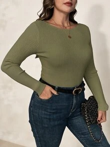 SHEIN Clasi 大尺碼女款淺杏色船領長袖基礎套頭毛衣，秋冬疊穿上衣 - 軍綠色 - 查看 3