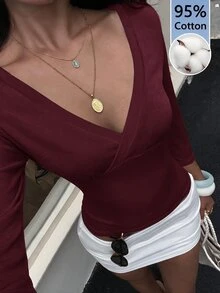 Aloruh 女款純色V領七分袖修身休閒T恤 - 酒紅色 - 查看 6