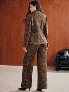 Anewsta Vintage Leopard Print Suit Set, Double-Breasted Wide Leg Pants, High-End 2 Pieces Set - Brown - View 4