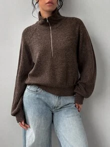 SHEIN BASICS Women's Raglan Long Sleeve Half-Zip Casual Sweatshirt - Coffee Brown - View 1