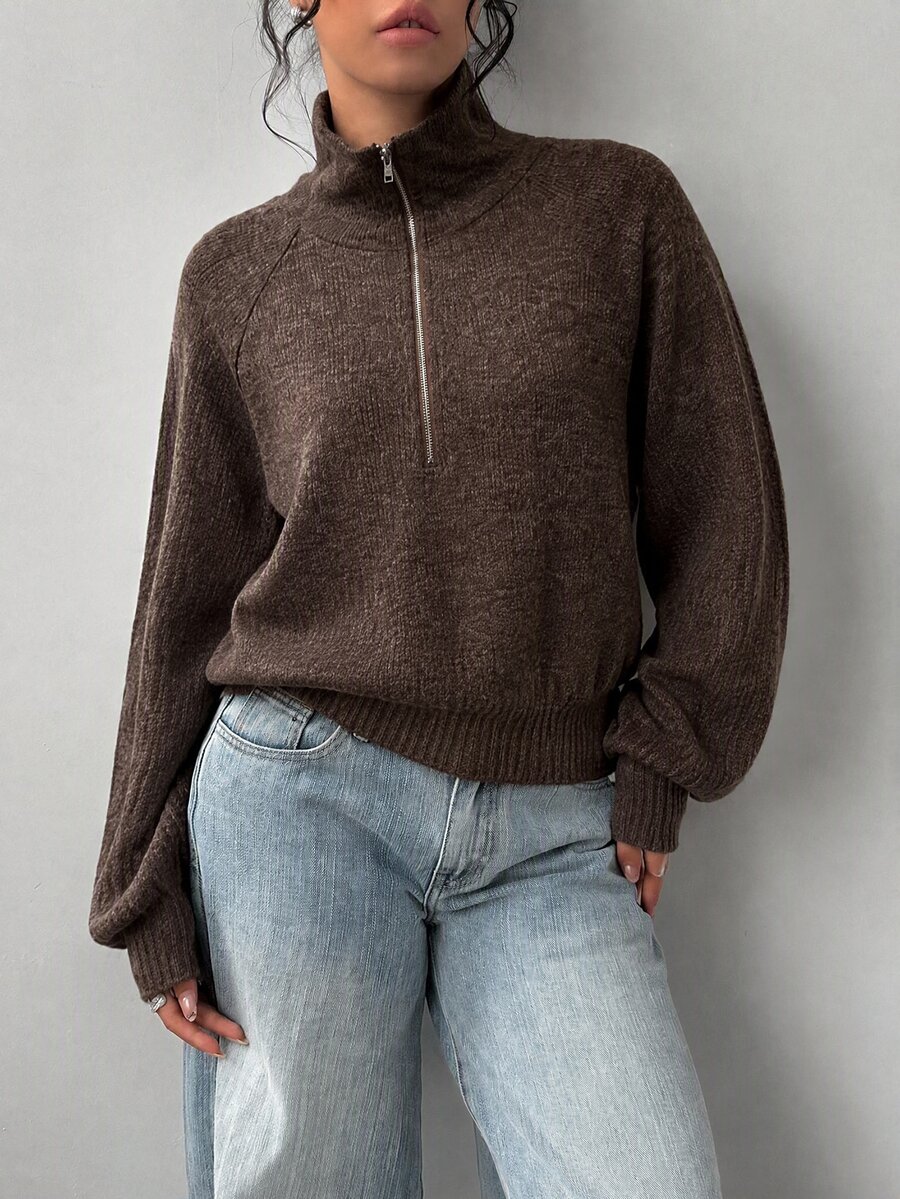 SHEIN BASICS Women's Raglan Long Sleeve Half-Zip Casual Sweatshirt - Coffee Brown - View 1