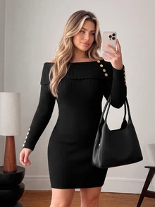 Vionelle Autumn/Winter Plus Size Off-Shoulder Ribbed Knit Short Dress Long Sleeve Button Decor Fitted Knit Dress - Black - View 5