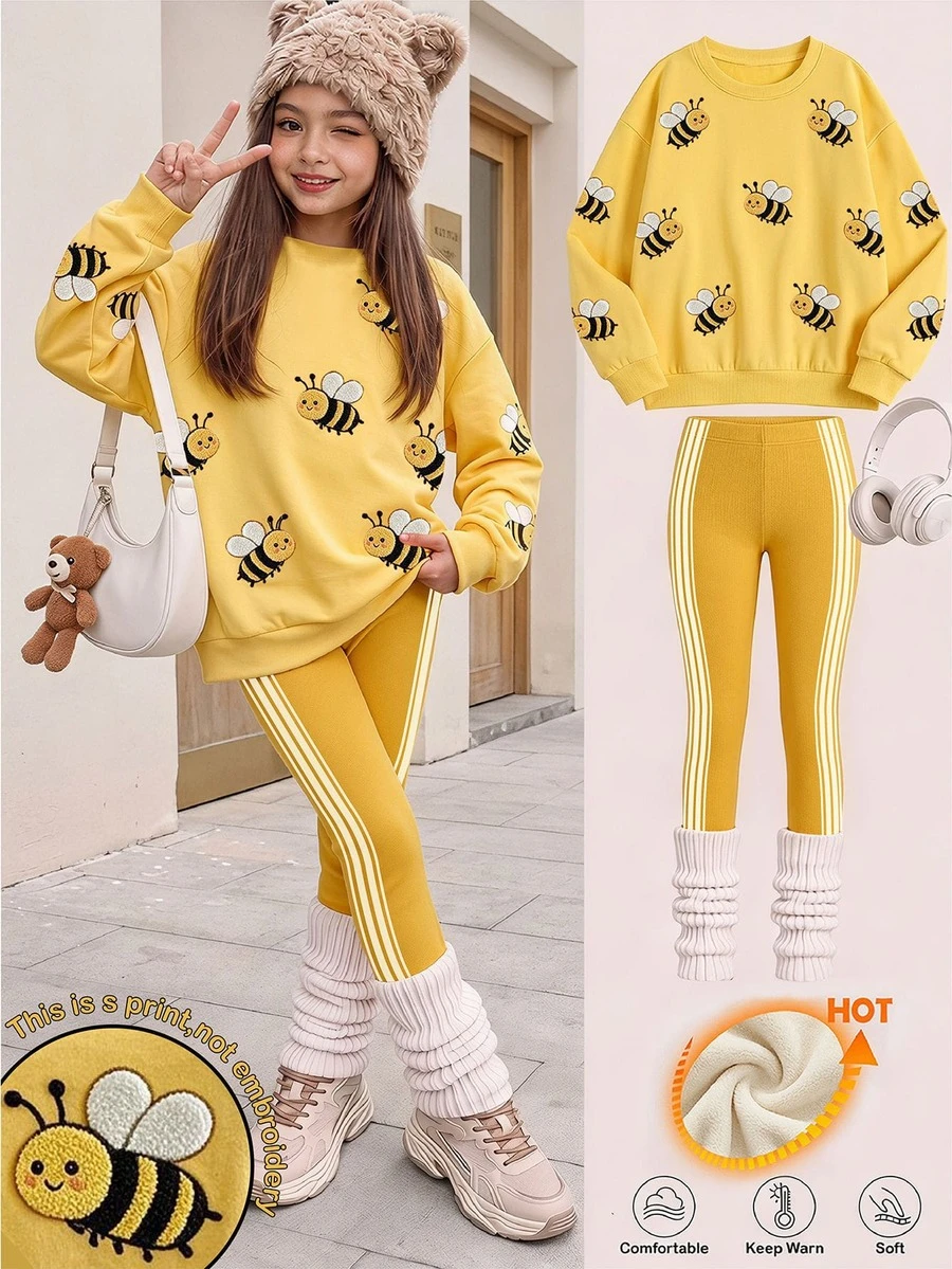 復古時尚小蜜蜂印花圖案俏皮吸睛亮黃色套裝，青少年女孩寬鬆落肩圓領長袖衛衣搭配修身長褲，秋季日常穿著、街頭風、返校季，充滿活力與青春朝氣 - 彩色 - 查看 1