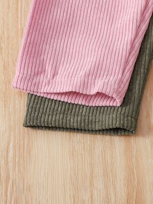 SHEIN Vintaside Kids 2件組幼兒女嬰燈芯絨長褲，可愛甜美粉色與橄欖綠，蝴蝶結羅紋紙袋腰鬆緊褲，正裝款，生日派對秋季保暖公主風假期純色 - 彩色 - 查看 4