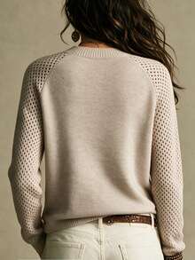 SHEIN Women Crew Neck Raglan Sleeve Knit Pullover, Hollow Out Mesh Knit Sleeve Solid Long Sleeve Slim‑Fit - Camel - View 2