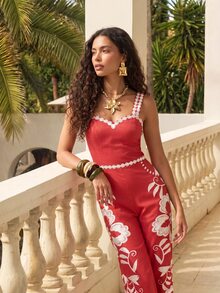 CAJUNI Tropical Vacation Embroidery Flower Cute Jumpsuit - Red and White - View 5