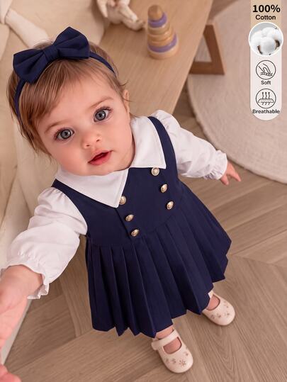 Souflis 1pc Baby Girl Autumn/Winter Navy Blue Collared Long Sleeve Pleated Dress, Vintage Preppy Style Elegant Elegant 2 In 1 Patchwork With Gold Button Decor, Waist-Cinching Short Dress, Cotton Blend Fabric, Suitable For Spring/Autumn Daily Wear, Travel, Vacation, Party And Various Occasions