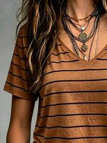 Linhara Plus Size Women's Striped Print V-Neck Short Sleeve Casual T-Shirt - Black - View 3