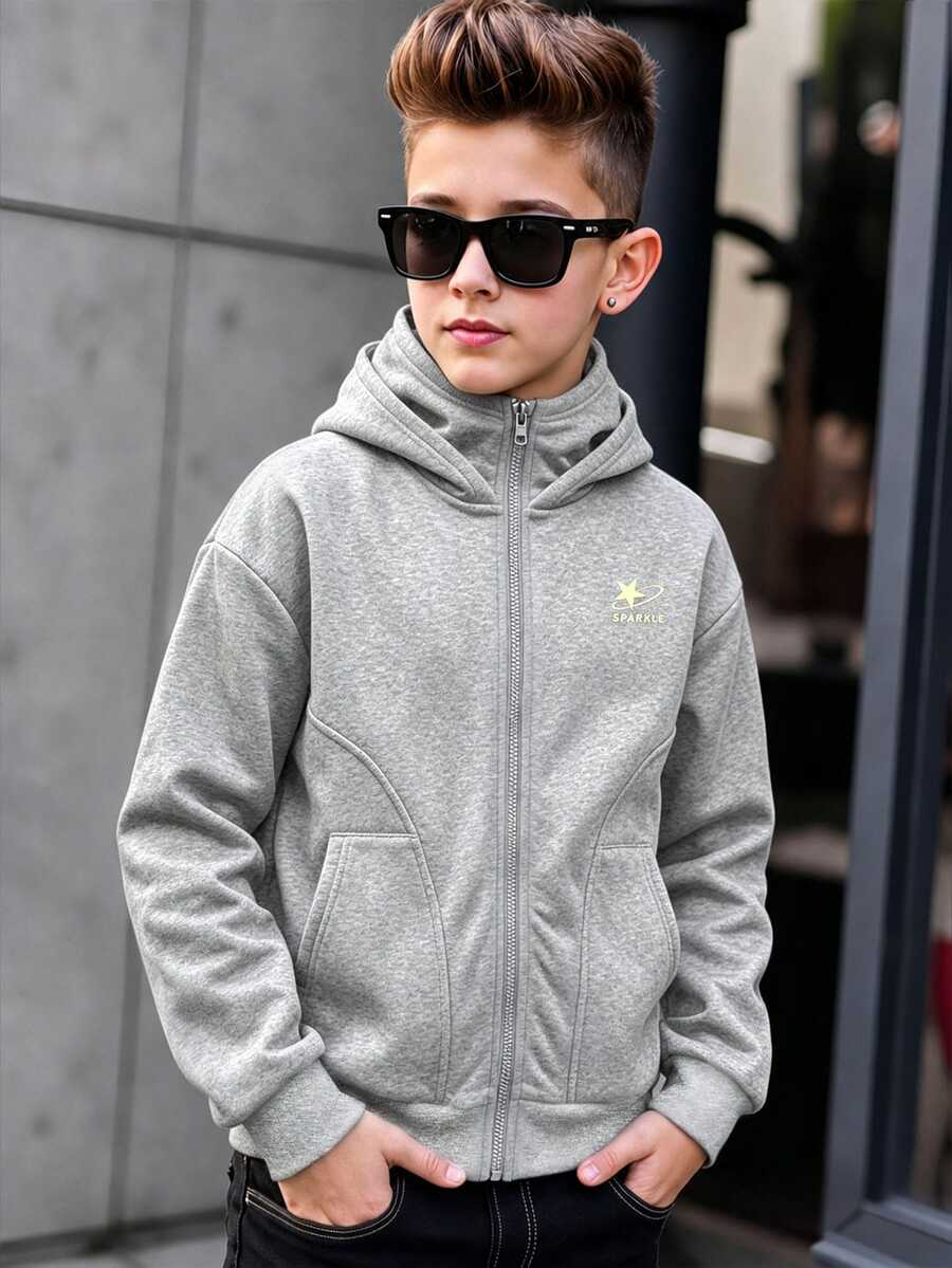 SHEIN 兒童青少年 Bo Black 雙面帽街頭風黑色運動衫,休閒學院風舒適時尚極簡實用百搭,柔軟面料,適合日常穿著、上學、旅行、戶外運動,四季皆宜 - 灰色 - 查看 1