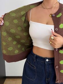 Flirla Plus Size Women's Polka Dot Pattern Long Sleeve Single-Breasted Knit Cardigan Winter - Multicolor - View 4