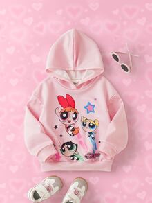 THE POWERPUFF GIRLS X SHEIN Young Girl Long Sleeve Casual Loose Hooded Sweatshirt - Pink - View 1