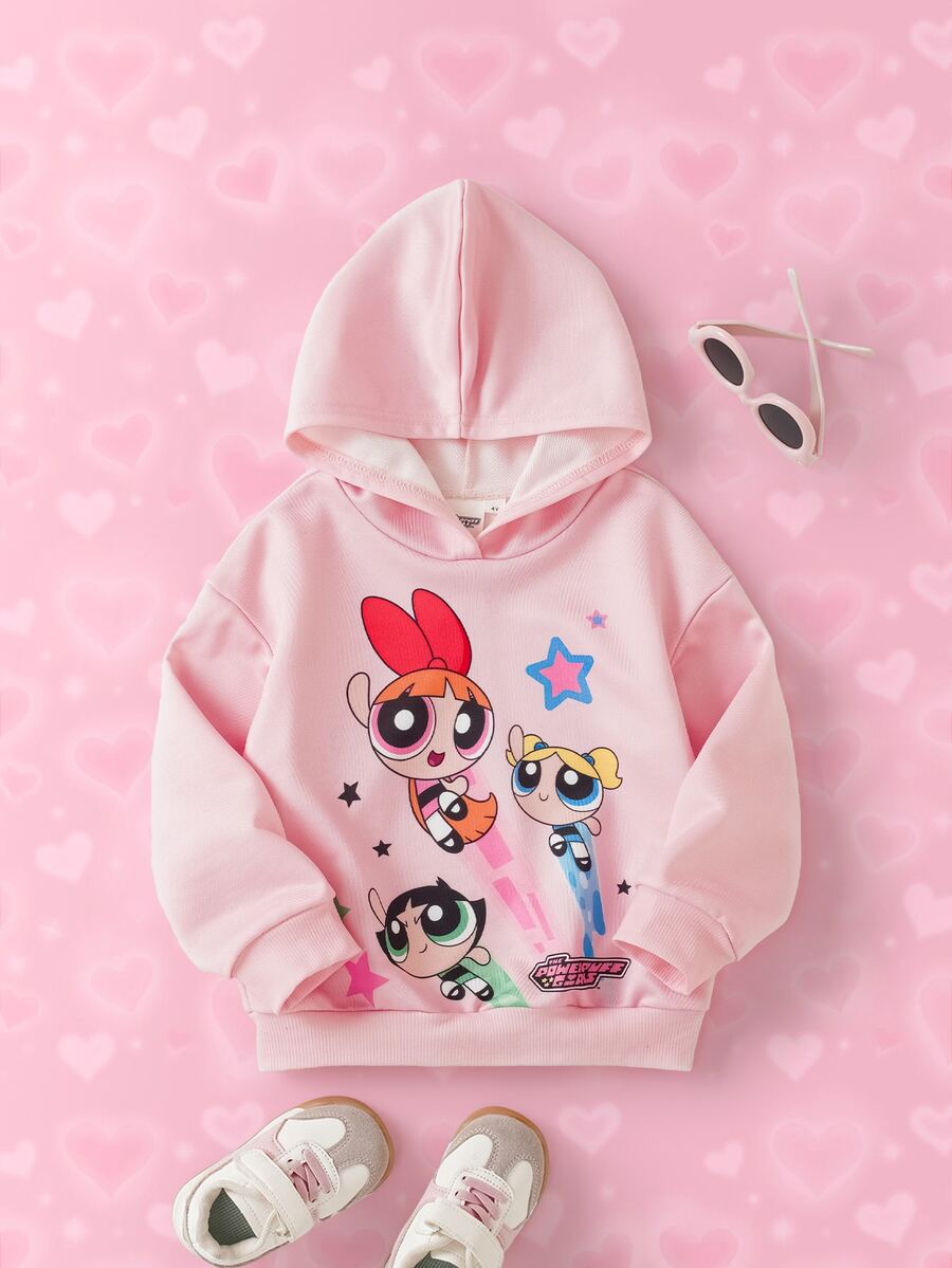 THE POWERPUFF GIRLS X SHEIN Young Girl Long Sleeve Casual Loose Hooded Sweatshirt - Pink - View 1