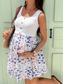 SHEIN 孕婦花卉印花哺乳休閒日常夏季洋裝 - 白色 - 查看 7