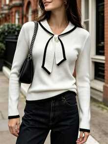 Cévolie Women's Colorblock Casual Versatile Daily Wear Long Sleeve Sweater - Black and White - View 5