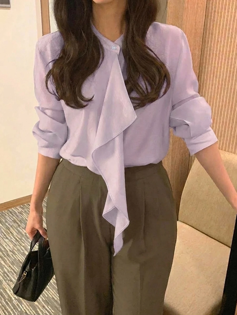 Dazy Plus Solid Color Loose Fit Asymmetrical Collar Long Sleeve Elegant Formal Vacation Spring Autumn Blouse Shirt - Dusty Purple - View 1