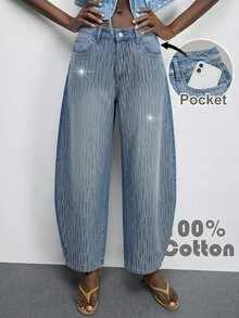 SHEIN MOD Celana Jeans Denim Kasual Longgar Wanita dengan Saku dan Hiasan Berlian Imitasi di Bagian Bawah yang Melengkung - Medium Wash - View 1