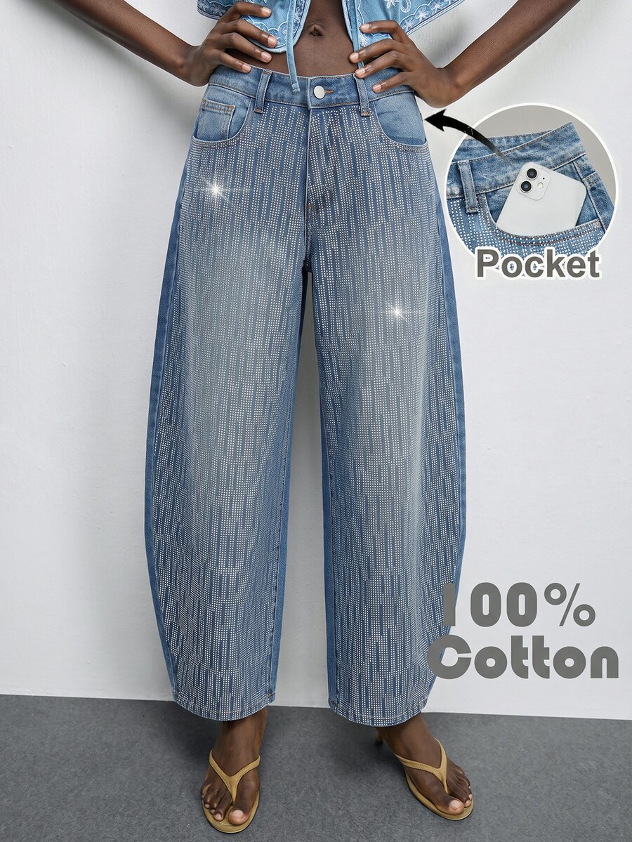 SHEIN MOD Celana Jeans Denim Kasual Longgar Wanita dengan Saku dan Hiasan Berlian Imitasi di Bagian Bawah yang Melengkung - Medium Wash - View 1