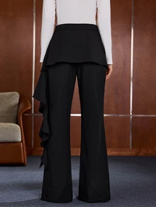 Anewsta Women's Modern Elegant Slimming Versatile Commuter Skirt With Panel, Ribbon, Drape And Flared Leg - Black - View 2