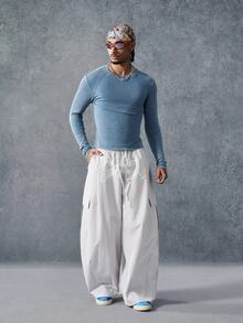 PAVTROS Men's Letter Print Drawstring Waist Wide Leg Loose Cargo Pants - Light Grey - View 5