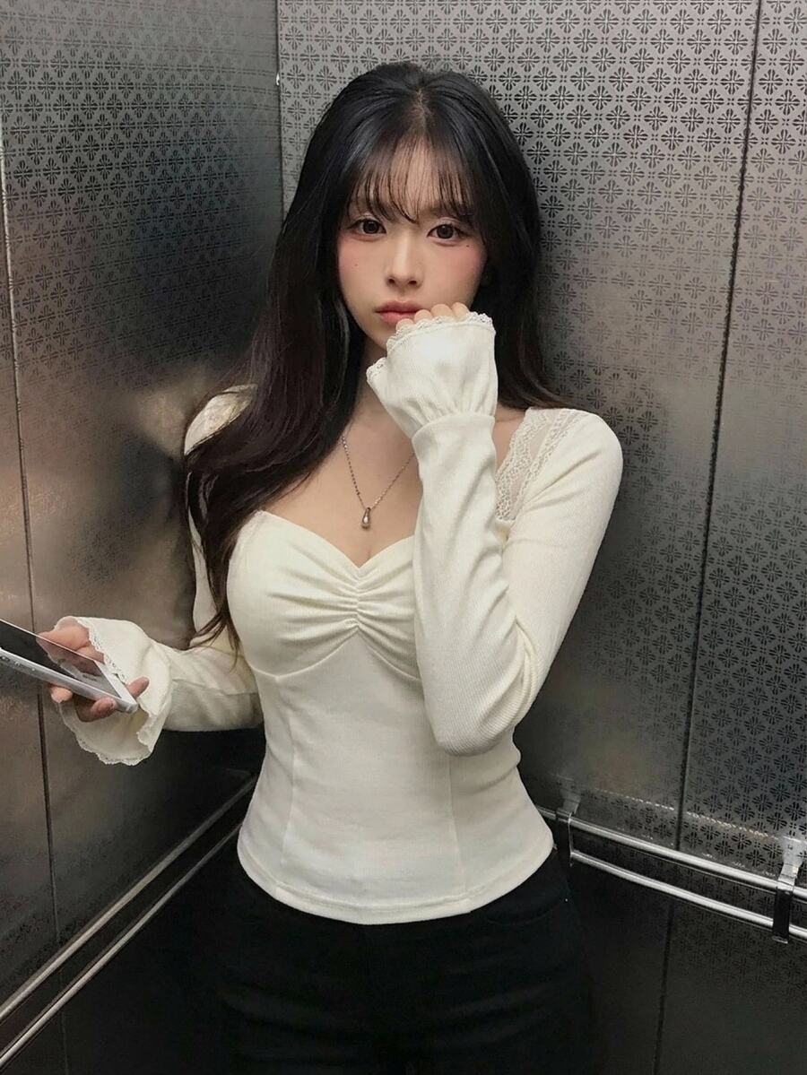 DAZY Contrast Lace Fitted Long Sleeve Square Neck Elegant Casual Vacation Korean Style Spring Autumn Women's T-Shirt - White - View 1