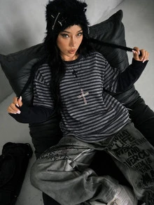 Coolane 女款條紋拼接 2 合 1 休閒日常 T 恤 - 黑色 - 查看 1