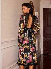 Slumberist Sexy Back Design Floral Mesh Sheer Women's Nightgown - Multicolor - View 3