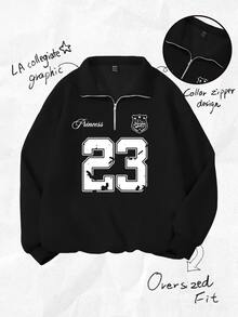 SHEIN EZwear 女款寬鬆薄款連帽套頭衛衣，數字 23 與花卉印花，黑色，高領，半拉鍊 - 黑色 - 查看 3