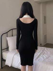DAZY Patchwork Contrast Color 2 In 1 Cold Shoulder Short Dress, Elegant Sexy Vacation Korean Style Spring Autumn Women's Mini Dress - Black - View 2