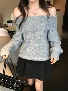 DAZY Women's Off-Shoulder Korean Style Long Sleeve Autumn/Winter Elegant Sweater - Grey - View 2