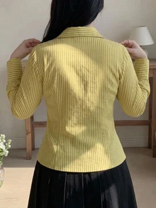 Dazy Plus Autumn V-Neck Long Sleeve Yellow Striped Cute Cinched Waist Slim Fit Elegant Date Commute Cardigan Shirt - Yellow - View 2