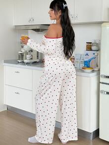 ZzzCrew Set Piyama Celana Panjang Motif Hati Lengan Panjang Bahu Asimetris Seksi Ukuran Plus - Aprikot - View 2