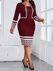 SHEIN Lady Plus Size Elegant Geometric Print Long Sleeve Autumn Dress - Burgundy - View 4