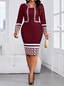 SHEIN Lady Plus Size Elegant Geometric Print Long Sleeve Autumn Dress - Burgundy - View 1