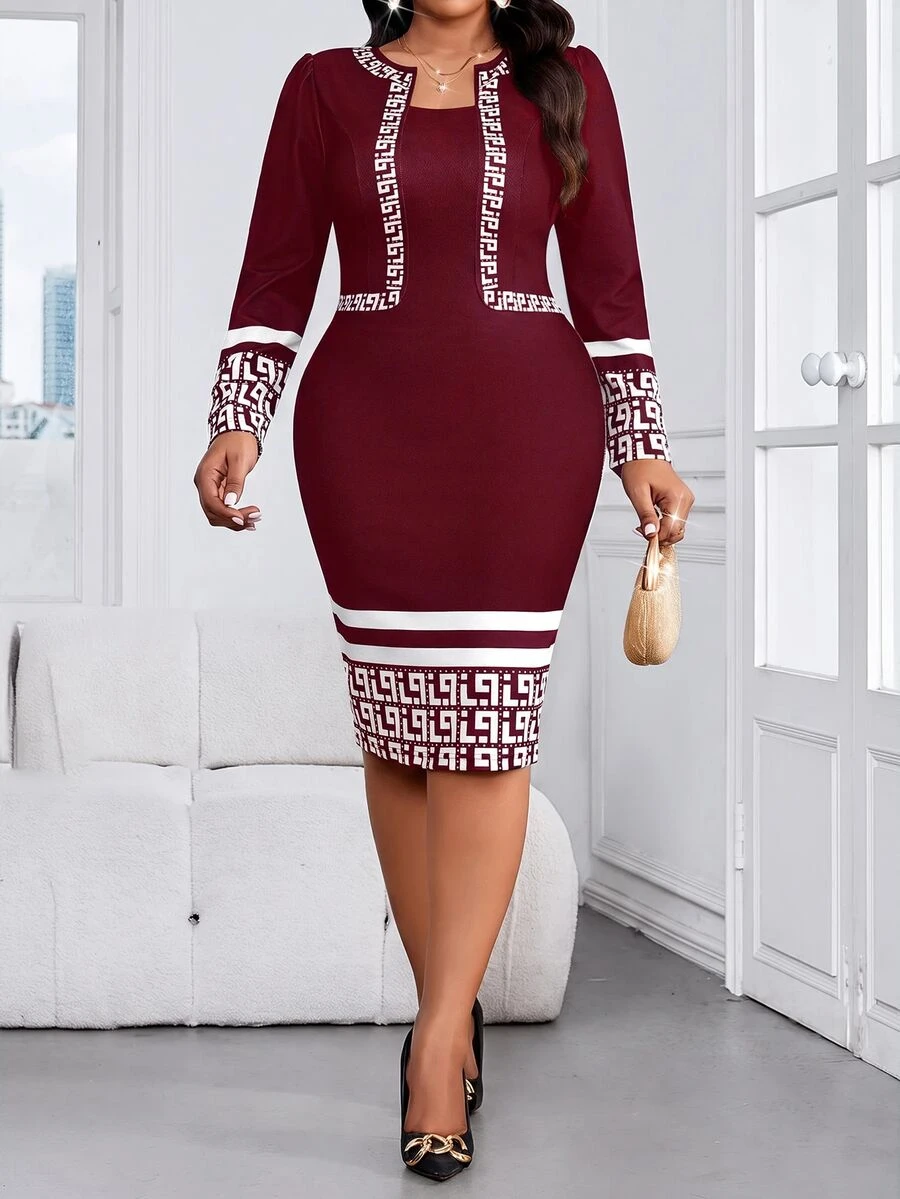 SHEIN Lady Plus Size Elegant Geometric Print Long Sleeve Autumn Dress - Burgundy - View 1