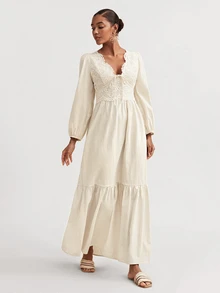 Travachic Elegant Lace Long Sleeve Dress - Apricot - View 5