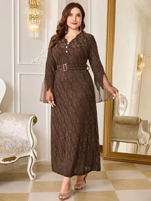 Reflora فستان حفلة مقاس كبير من الدانتيل بأسلوب فرنسي مع أزرار لؤلؤية مزيفة - بني - مشاهدة 2