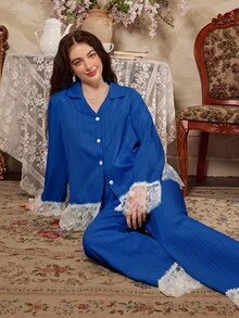 Côtesoire طقم بيجامة نسائي فرنسي أنيق رومانسي بتصميم دانتيل مرقع - أزرق غامق - مشاهدة 5