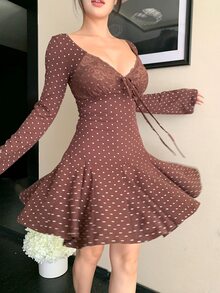 Dazy Tall Women's Deep V-Neck Polka Dot Sexy Casual Short Dress Fall - Brown - View 5